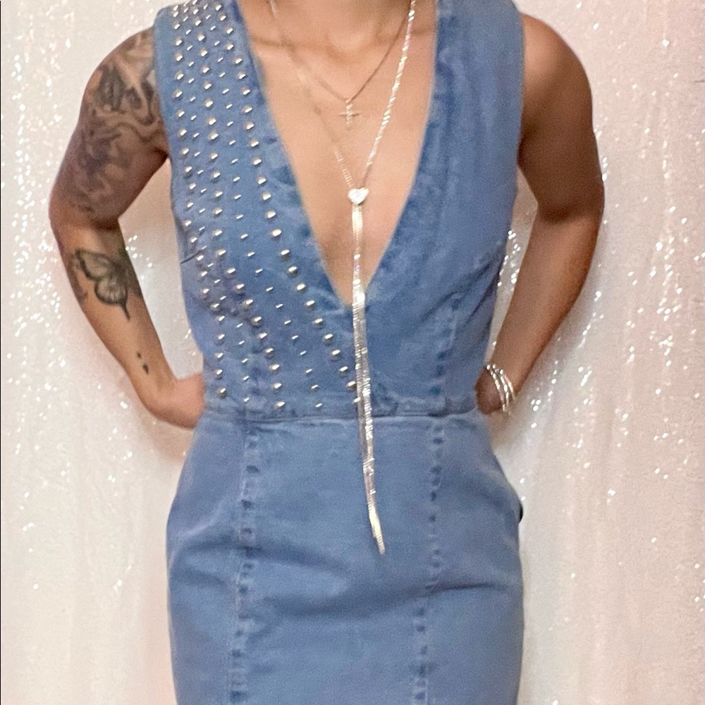 Deep V Plunge Neck Denim Mini Dress